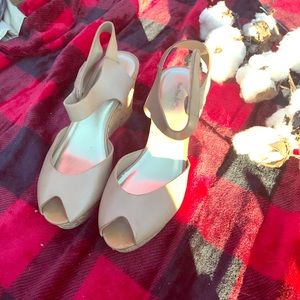 Coach and Four Nude Beige Peep-Toe Wedge Sandals